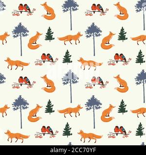 Carino modello senza giunture con animali e alberi di Natale. Illustrazione Vettoriale