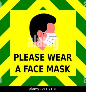 Segno grafico vettoriale di grembiuli verdi e gialli con un uomo che indossa una maschera facciale e la richiesta di indossare una maschera prima di entrare. Illustrazione Vettoriale