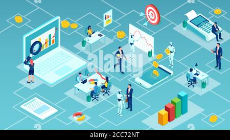 Vettore di business persone che lavorano insieme con i robot sul settore finanziario analisi dei dati Illustrazione Vettoriale