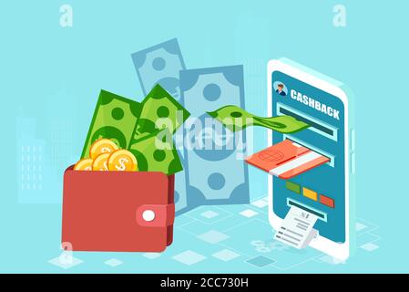 Cash back, portafoglio elettronico, concetto di ricompense bancarie. Vettore di uno smartphone con app di pagamento, carta di credito e portafoglio con denaro Illustrazione Vettoriale