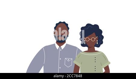 Felice carino ritratto di famiglia dei genitori afro-americani: padre e madre isolati su sfondo bianco. Famiglia di due membri: Marito e moglie Illustrazione Vettoriale