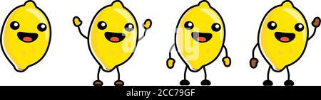 Cute kawaii stile Limone frutta icona, delineato, occhi grandi, sorridente con bocca aperta. Versione con mani sollevate, abbassate e ondulate. Illustrazione Vettoriale