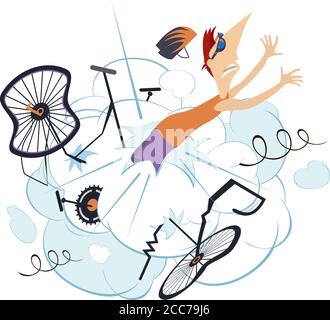 Uomo ciclista che cade dall'illustrazione isolata della bicicletta. Uomo ciclista che cade dalla bicicletta isolato su illustrazione bianca Illustrazione Vettoriale