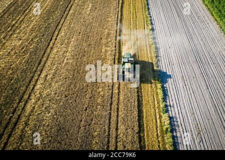 Vista aerea della mietitrebbia che lavora sul campo, tempo di mietitura Foto Stock