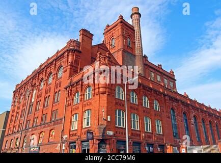 Higsons, fabbrica di birra Cains, 39 Stanhope St, Liverpool, Merseyside, Inghilterra, Regno Unito, L8 5RE Foto Stock