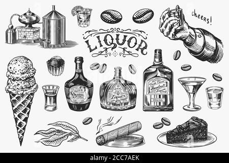 Set di liquori. Bottiglia e shot e alcool distillato. Bicchiere in mano per brindare. Sigari e dolci, gelati e barrette di cioccolato. Inciso a mano Illustrazione Vettoriale