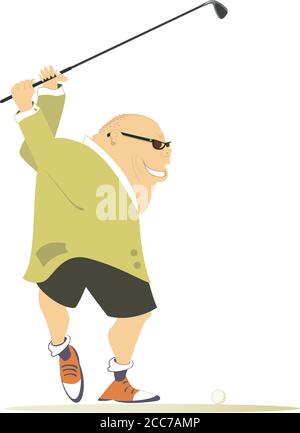 Uomo golfer comico sull'illustrazione di campo di golf. Cartone animato sorridente grasso testa calvo uomo in occhiali da sole che mira a fare un buon calcio isolato su bianco Illustrazione Vettoriale