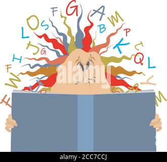 L'uomo o la donna tiene un'illustrazione aperta del libro. Divertente donna o uomo con un libro e lettere volare intorno alla testa isolato su bianco Illustrazione Vettoriale