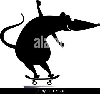 Cartoon ratto o mouse un'illustrazione isolata skateboarder. Il ratto cartoon o il mouse giostre sullo skateboard nero su bianco Illustrazione Vettoriale