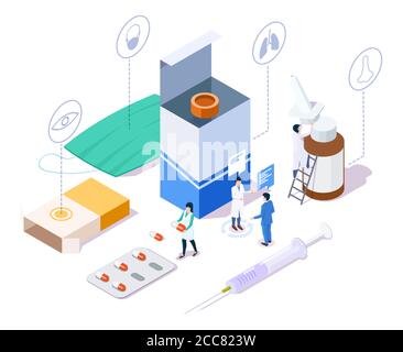 Concetto di farmacia con caratteri, farmaci, forniture mediche, illustrazione vettoriale isometrica Illustrazione Vettoriale