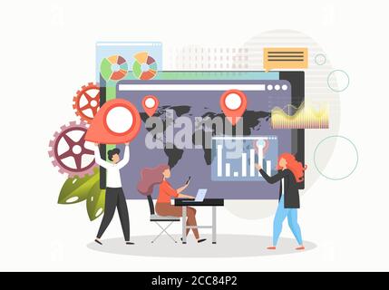 Analisti statistici team professionale analisi statistiche grafici dati su schermo, vettoriale flat illustrazione Illustrazione Vettoriale