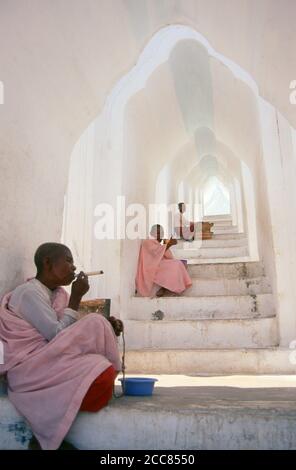 Birmania / Myanmar: Monache buddiste su una scala presso la Pagoda Hsinbyume, vicino al Mingun Pahtodawgyi (Tempio Mingun), Sagaing distretto, vicino Mandalay. La Pagoda Hsinbyume fu costruita nel 1816 dal Re Bagyidaw (1784 - 1846), settimo re della dinastia Konbaung. Lo costruì per la sua prima moglie, la principessa Hsinbyume, morta in età fertile nel 1812. La pagoda è anche conosciuta come la Pagoda Myatheindan. Il disegno della pagoda si basa sulla mitica Pagoda Sulamani che si trova sul Monte Meru, con le sette terrazze concentriche inferiori che rappresentano le catene montuose che portano al Monte Meru. Foto Stock