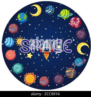 Logo spazio con molti pianeti in forma di cerchio illustrazione Illustrazione Vettoriale