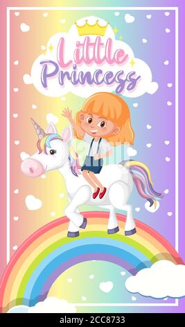 Piccolo logo principessa con ragazza che cavalcano su simpatico unicorno immagine di sfondo color arcobaleno pastello Illustrazione Vettoriale