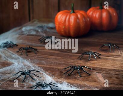 Halloween sfondo con ragni su rustico legno sfondo Foto Stock