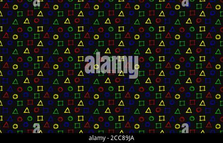 Motivo multicolore di quadrati, cerchi e triangoli su sfondo nero Foto Stock