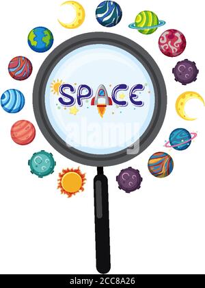 Logo spaziale in lente d'ingrandimento con molti pianeti in cerchio illustrazione isolata della forma Illustrazione Vettoriale