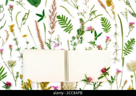 Apri il notebook con spazio vuoto sullo sfondo dei fiori selvatici Foto Stock