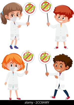 Set di diversi medici che tengono fermo coronavirus segno illustrazione Illustrazione Vettoriale