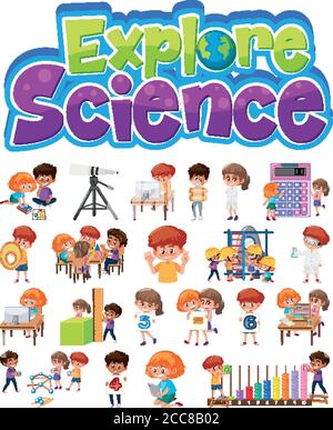 Esplora il logo della scienza e il set di bambini con oggetti didattici illustrazione isolata Illustrazione Vettoriale