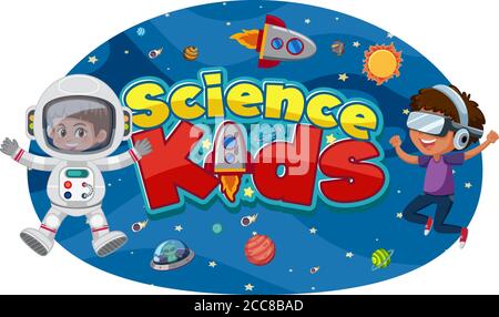 Logo Science Kids con astronauti e oggetti spazio illustrazione isolata Illustrazione Vettoriale