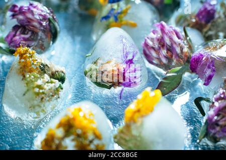 Fiori selvatici in blocchi di ghiaccio a forma di cuore su sfondo di vetro Foto Stock