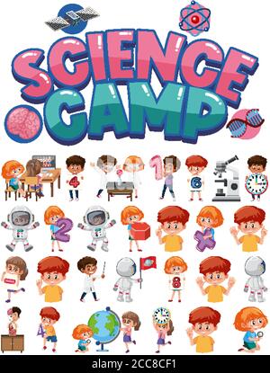 Logo del campo di scienza e set di bambini con oggetti didattici illustrazione isolata Illustrazione Vettoriale