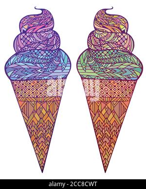 Set di colori vettoriali illustrazione di coni gelato con motivo boho. Elemento Doodle per la stampa su T-shirt, cartoline e la tua creatività Illustrazione Vettoriale