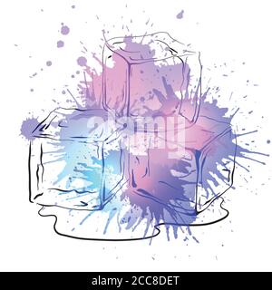 Cubetti di ghiaccio disegnati a mano con spruzzi di acquerello. Illustrazione vettoriale per la vostra creatività Illustrazione Vettoriale