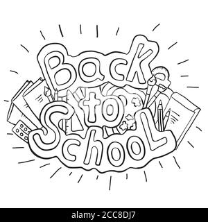 Doodle testo di ritorno a scuola con varie forniture scolastiche. Elemento vettoriale in bianco e nero per adesivi, colorazioni, carte e la tua creatività Illustrazione Vettoriale