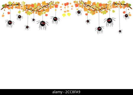 Banner Halloween con ragni neri appesi, ramo di acero e spazio di copia. Modello banner Halloween per la vendita natalizio con luogo per il vettore text.Stock Illustrazione Vettoriale