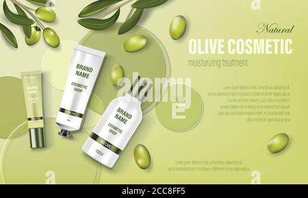 Poster pubblicitario. Realistico vaso di vetro con olive verdi, dischi circolari e tubi realistici. Crema per il viso, lavaggio del corpo, lozione, dima per flacone cosmetico Illustrazione Vettoriale