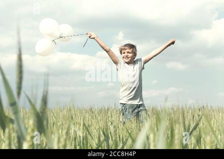 Happy Little boy gioca con palloncini nel prato Foto Stock