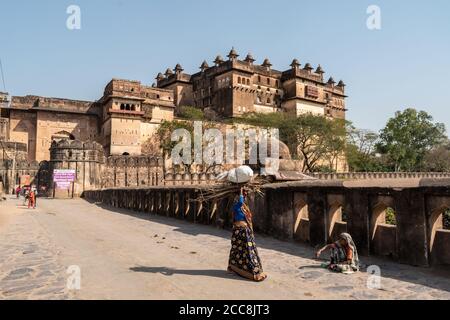 Orchha, Madhya Pradesh, India - 2019 marzo: Una donna indiana che porta il fuoco di legno sulla testa avendo una conversazione con un'altra persona all'antica OR Foto Stock