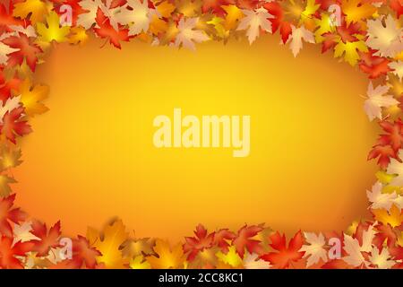 Foglia d'autunno che cade su sfondo arancione, secca di foglia d'acero, per elemento autunnale di disegno, illustrazione vettoriale Foto Stock