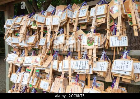 Kashima, Giappone - tradizionale tavoletta di preghiera in legno (Ema) al Santuario di Kashima (Santuario di Kashima jingu) a Kashima, Prefettura di Ibaraki, Giappone. Foto Stock