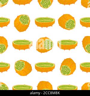 Illustrazione sul tema kiwano grande colorato senza cuciture, motivo di frutta brillante per la guarnizione. Modello di frutta costituito da un bellissimo kiwano ripetuto senza cuciture. Semplice Illustrazione Vettoriale