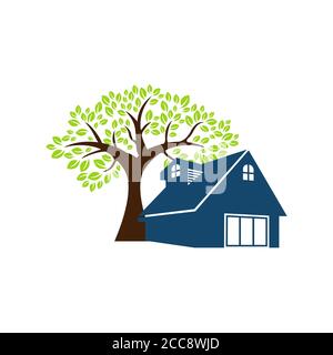 Logo illustrativo di Tree House per le attività legate alla cura ambientale. È ideale per i siti Web e il design è adatto alla stampa per tutti i media. Design Illustrazione Vettoriale