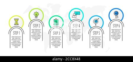 Cerchi infografici con 6 passaggi, icone. Modello vettore linea piatta. Può essere utilizzato per sei diagrammi, business, web, partogramma, info grafico, timeline Illustrazione Vettoriale