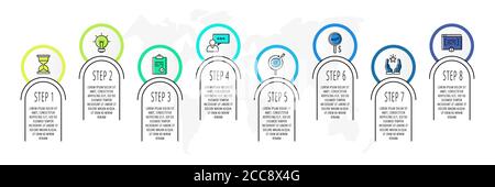 Cerchi di infografia con 8 passi, icone. Modello vettore linea piatta. Può essere utilizzato per otto diagrammi, business, web, banner, layout del flusso di lavoro, presentat Illustrazione Vettoriale