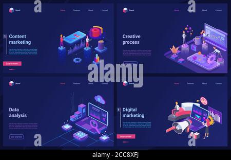 Analisi dei dati, tecnologia di marketing digitale, illustrazioni vettoriali 3d. Cartoon isometric moderno blu creativo set di design, concept banner con seo processo creativo di contenuti servizi di marketing digitale Illustrazione Vettoriale