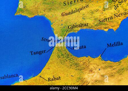 Mappa geografica dello stretto europeo di Gibilterra Foto Stock