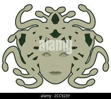 Capo di Medusa. Creatura mitologica con aspetto umano e capelli di serpenti, isolata su sfondo bianco Illustrazione Vettoriale