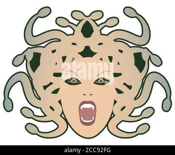 Capo di Medusa. Creatura mitologica con aspetto umano e capelli di serpenti, isolata su sfondo bianco Illustrazione Vettoriale