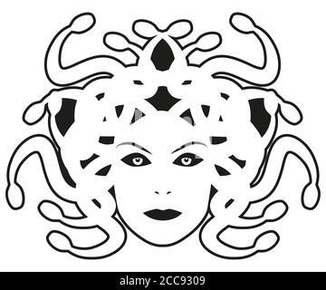 Capo di Medusa. Creatura mitologica con aspetto umano e capelli di serpenti, isolata su sfondo bianco Illustrazione Vettoriale