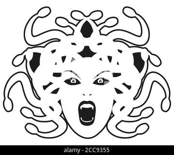 Capo di Medusa. Creatura mitologica con aspetto umano e capelli di serpenti, isolata su sfondo bianco Illustrazione Vettoriale