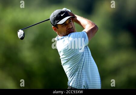 Julian Suri degli Stati Uniti si tee off il 6 durante il giorno uno degli ISP Hana Wales Open al Celtic Manor Resort. Foto Stock