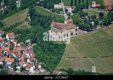 Veduta aerea del Castello di Stettenfels vicino alla città di Untergruppenbach in Germania circondata da vigneti. Foto Stock