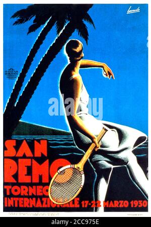 San Remo Tennis, poster 1930 per il torneo internazionale nella località della Riviera Italiana Foto Stock