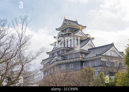 Okayama, Giappone - Castello di Okayama a Okayama, Giappone. La torre principale originariamente costruita nel 1597, distrutta nel 1945 e replicata in cemento nel 1966. Foto Stock